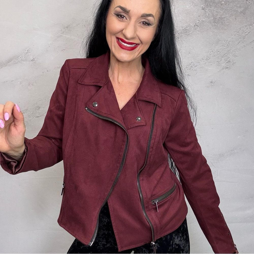 Red Leather Moto Jacket with Asymmetrical Zipper